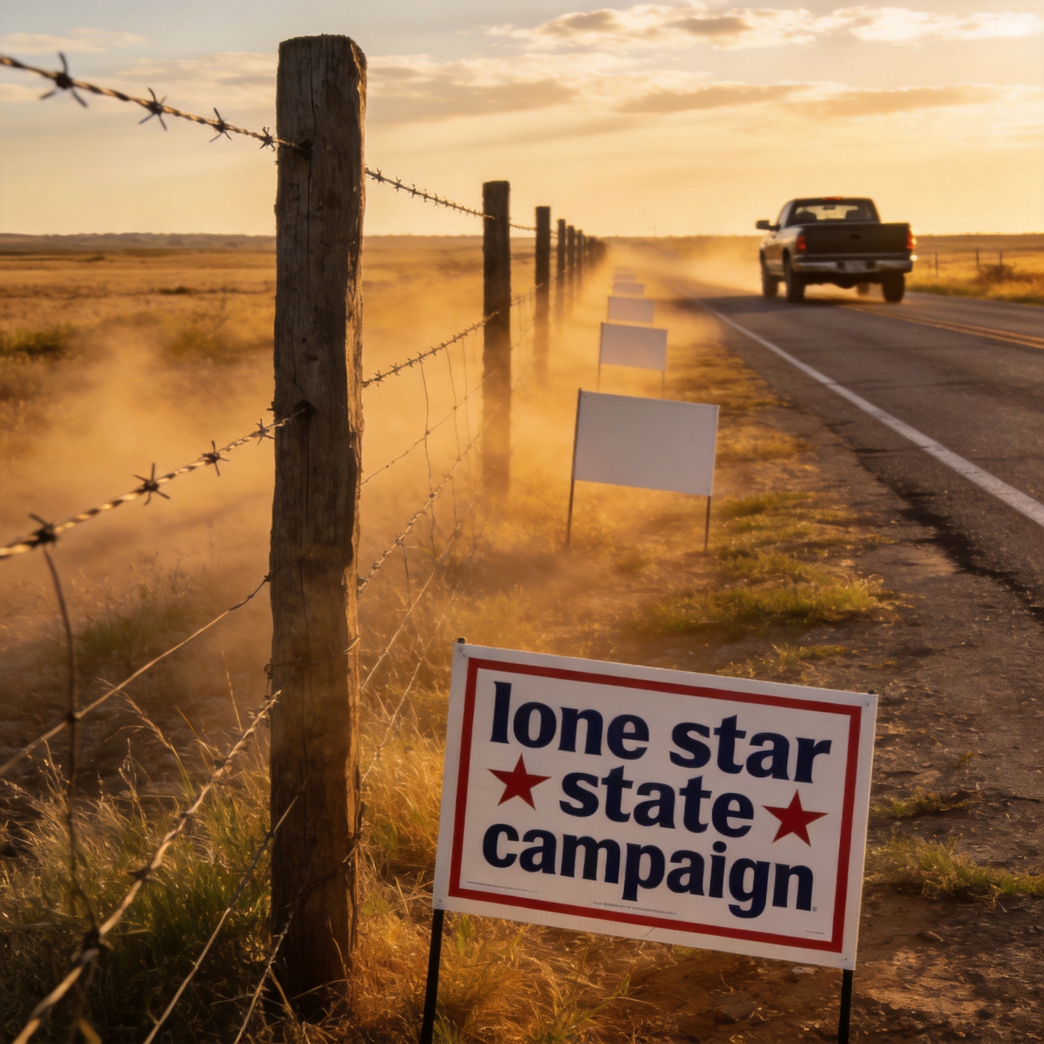 A roadside sign beside a fence and a passing pickup truck